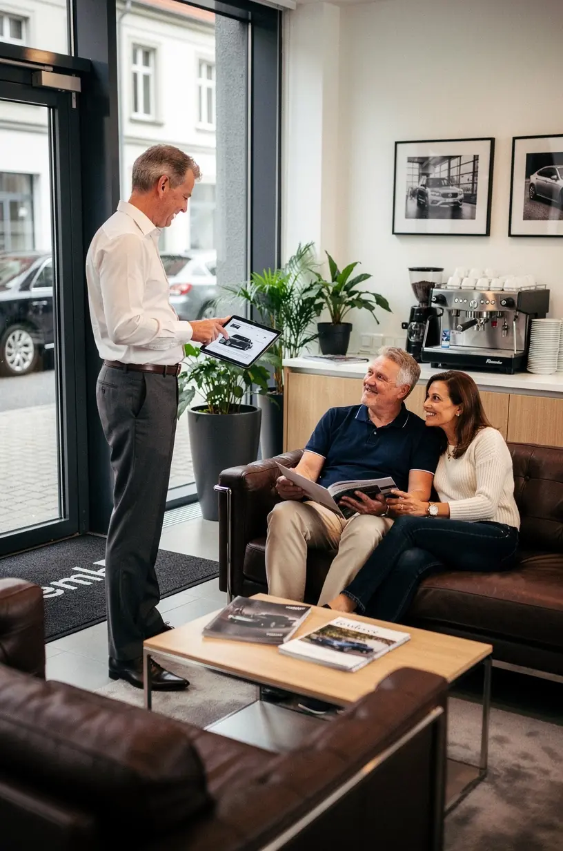 Detailaufnahme eines professionellen Fahrzeugreinigers bei der präzisen Politur eines Luxusautos.